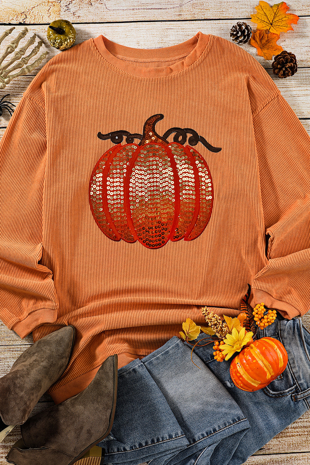 Womens Halloween Sequin Pumpkin Graphic Sweatshirt