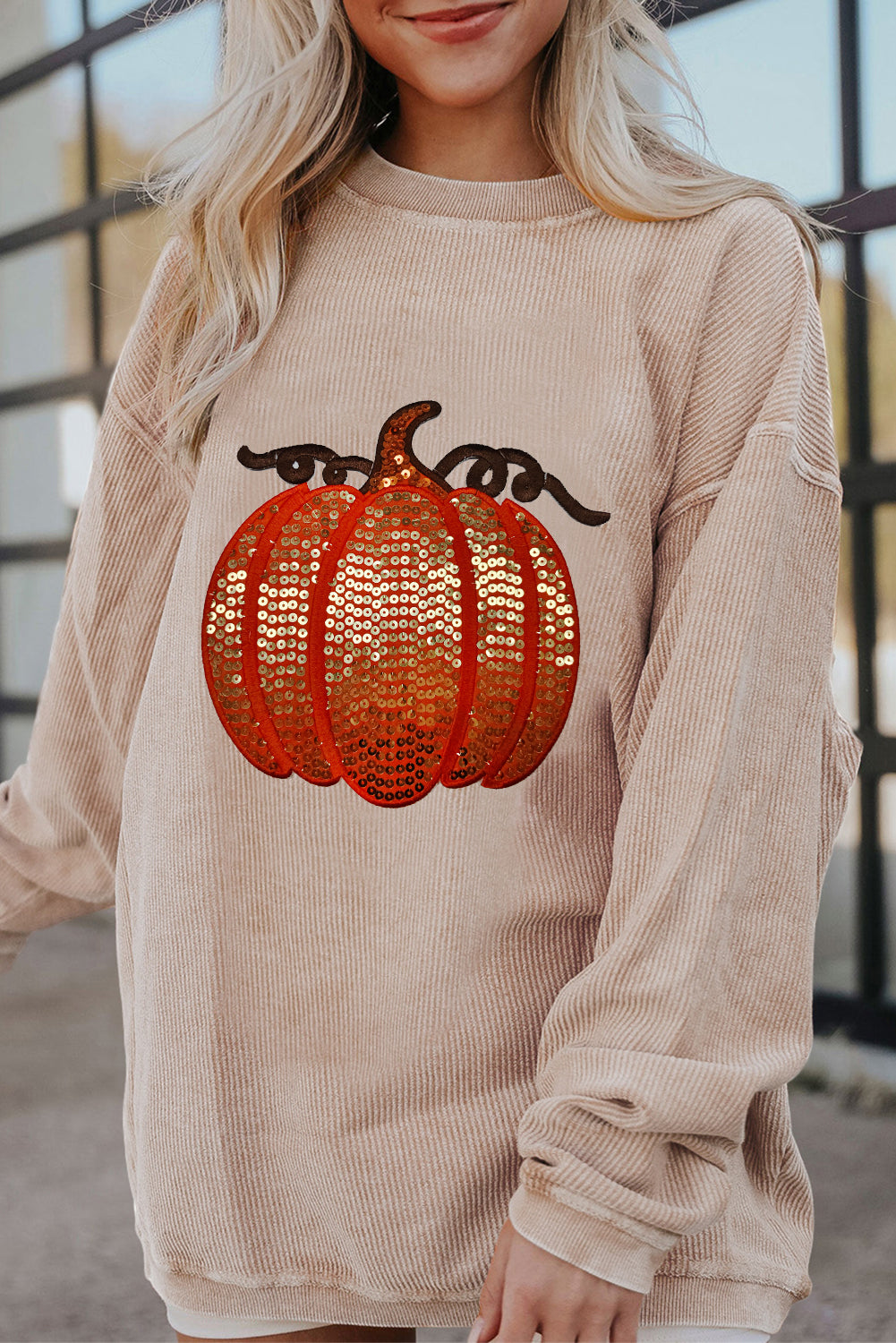 Womens Halloween Sequin Pumpkin Graphic Sweatshirt