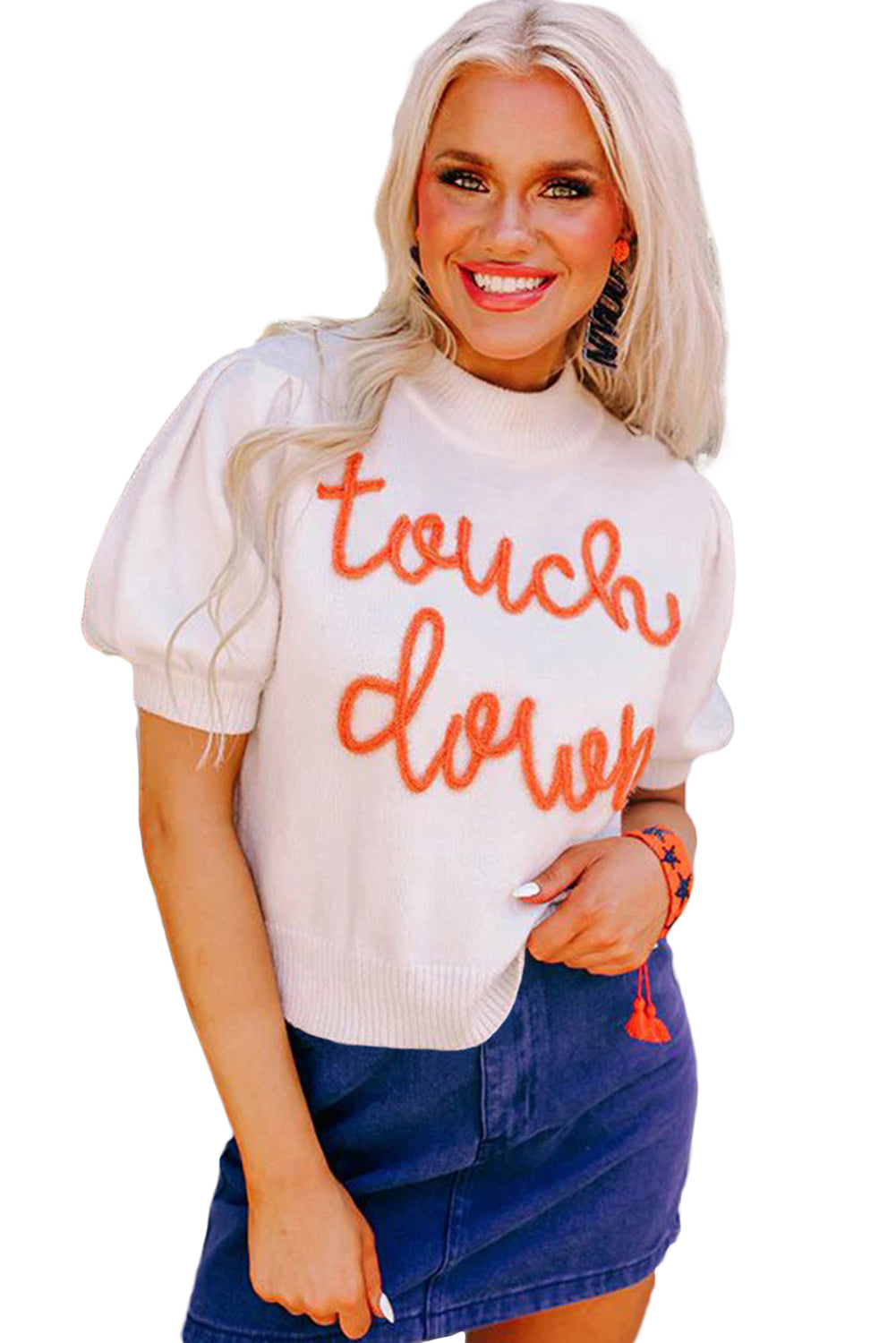 Womens Touchdown Tinsel Puff Short Sleeve Sweater