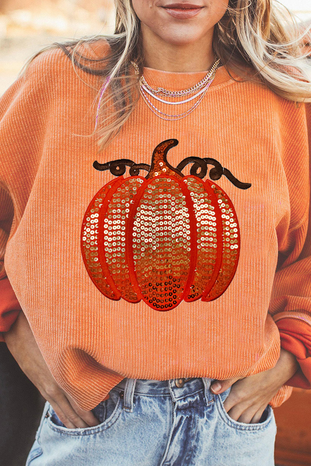 Womens Halloween Sequin Pumpkin Graphic Sweatshirt