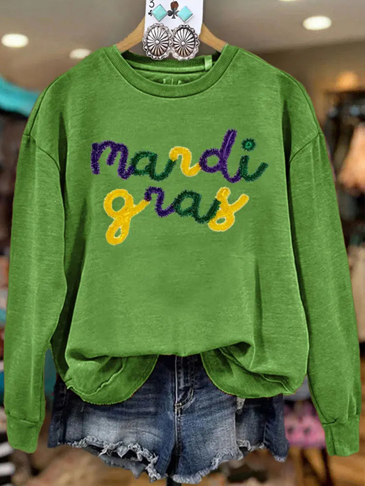 Womens Mardi Gras Thread Embroidered Casual Sweatshirt