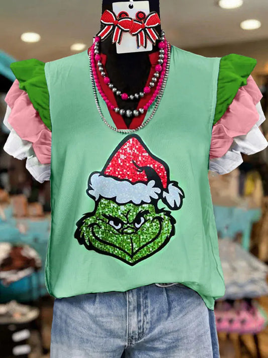 Womens Grinch Christmas Blouse (No Sequins)