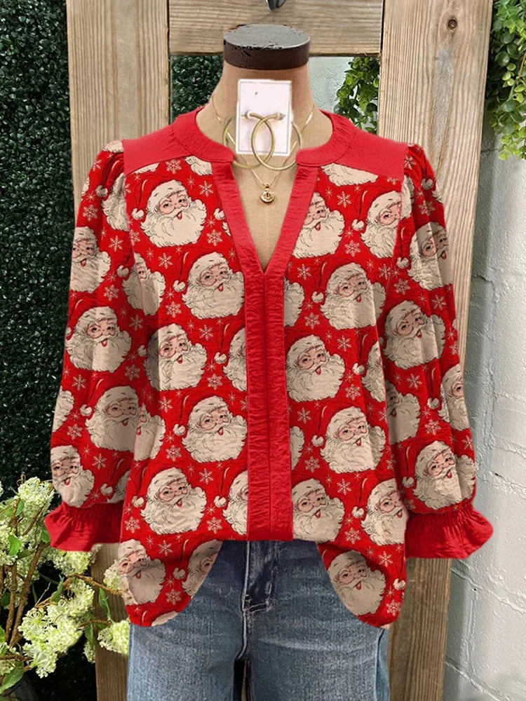 Womens Santa Claus Print Blouse