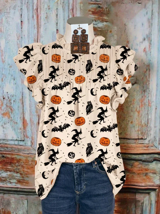 Womens Ruffled Sleeve Pumpkin Top Halloween Blouse