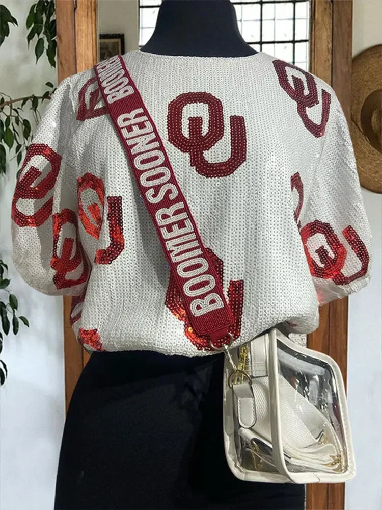 Womens Oklahoma Sequin Top Casual Gameday Blouse