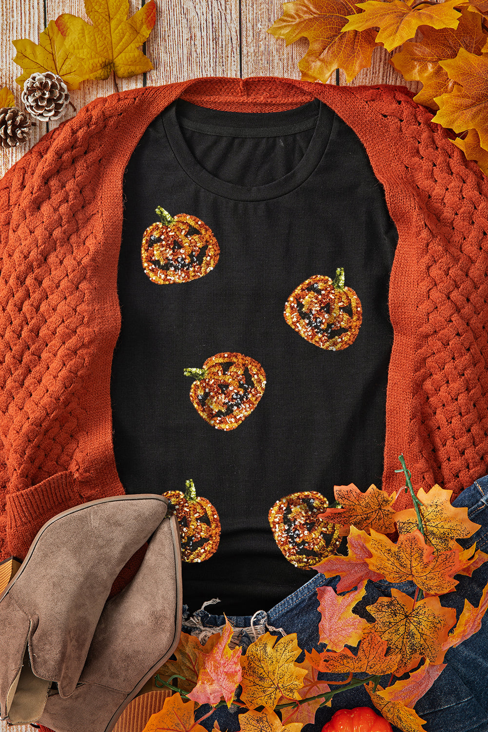 Womens Halloween Sequin Pumpkin Face Graphic T-Shirt