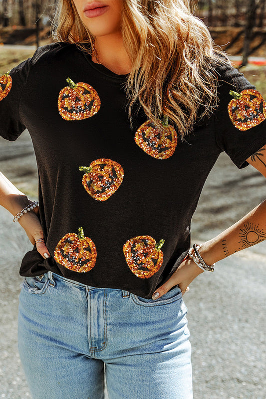 Womens Halloween Sequin Pumpkin Face Graphic T-Shirt