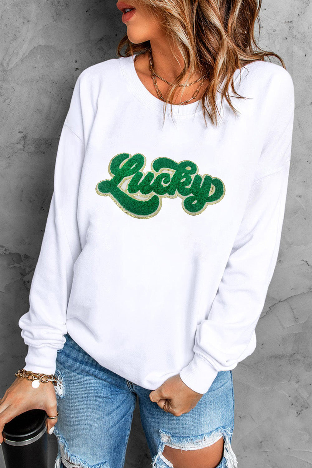 Womens Lucky Letter Graphic Sweatshirt